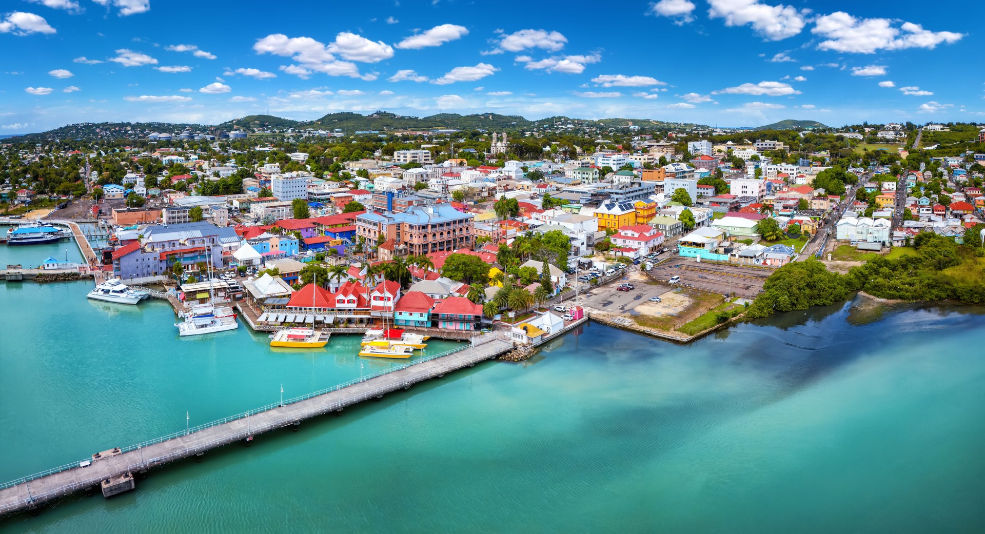 Panoramic aerial view of St. Johns, capital city of Antigua and Barbuda island