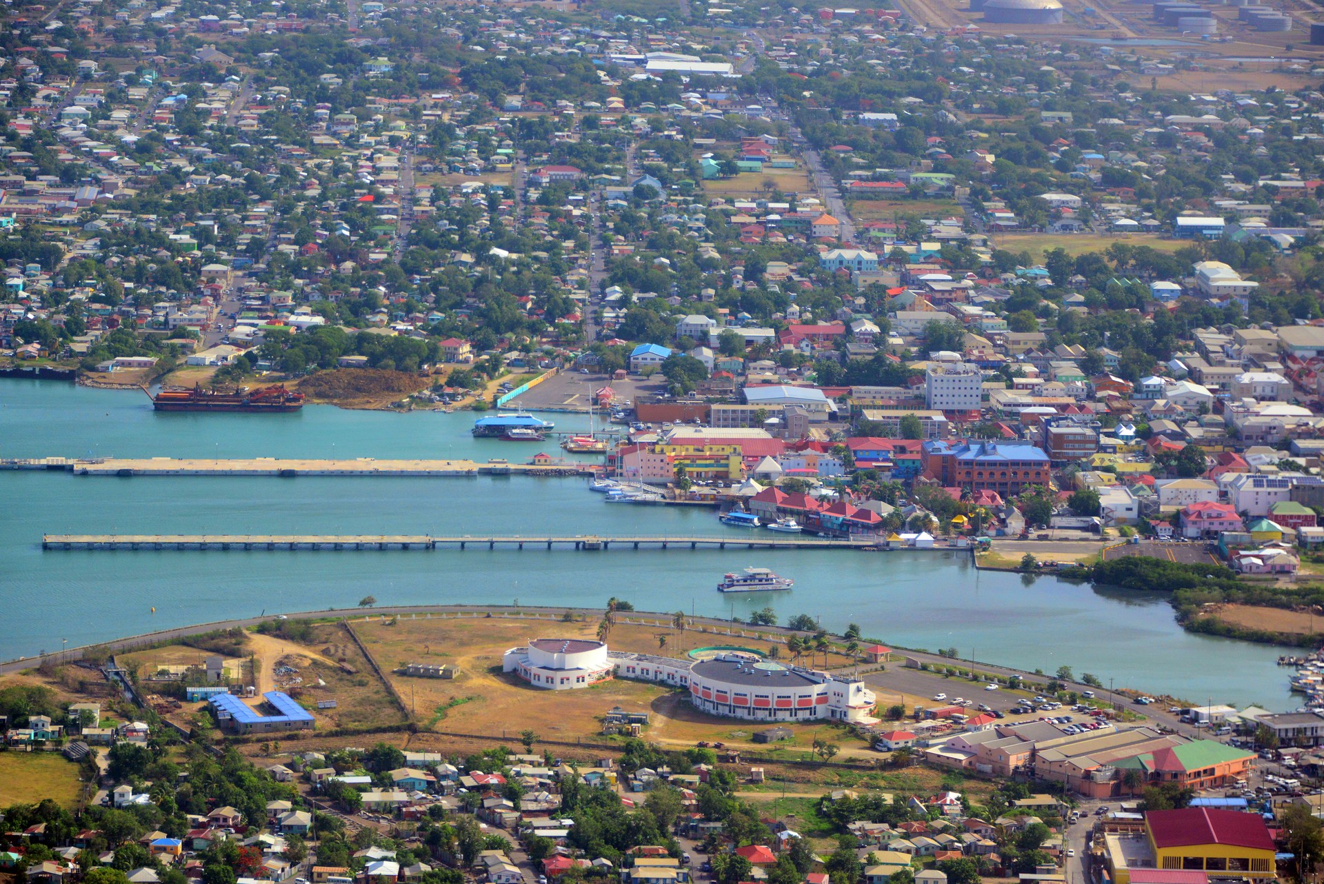 Antigua and Barbuda: aerial view of the capital, St. John's - downtown area with the harbor (Heritage Quay and Redcliffe Quay, Antigua and Barbuda Exhibition and Cultural Centre),